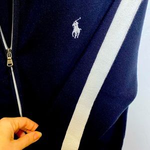New men’s Polo Ralph Lauren XS classic navy with white stripe sweater cardigan